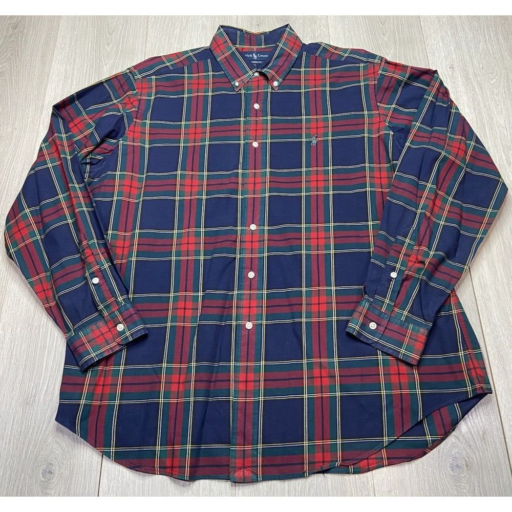 Ralph‎ Lauren Shirt Men XL Red Navy Tartan Plaid Classic Casual Long Sleeve